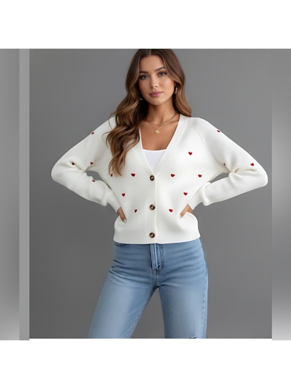Beige Frenchy Heart Embroidery Button Front Cardigan